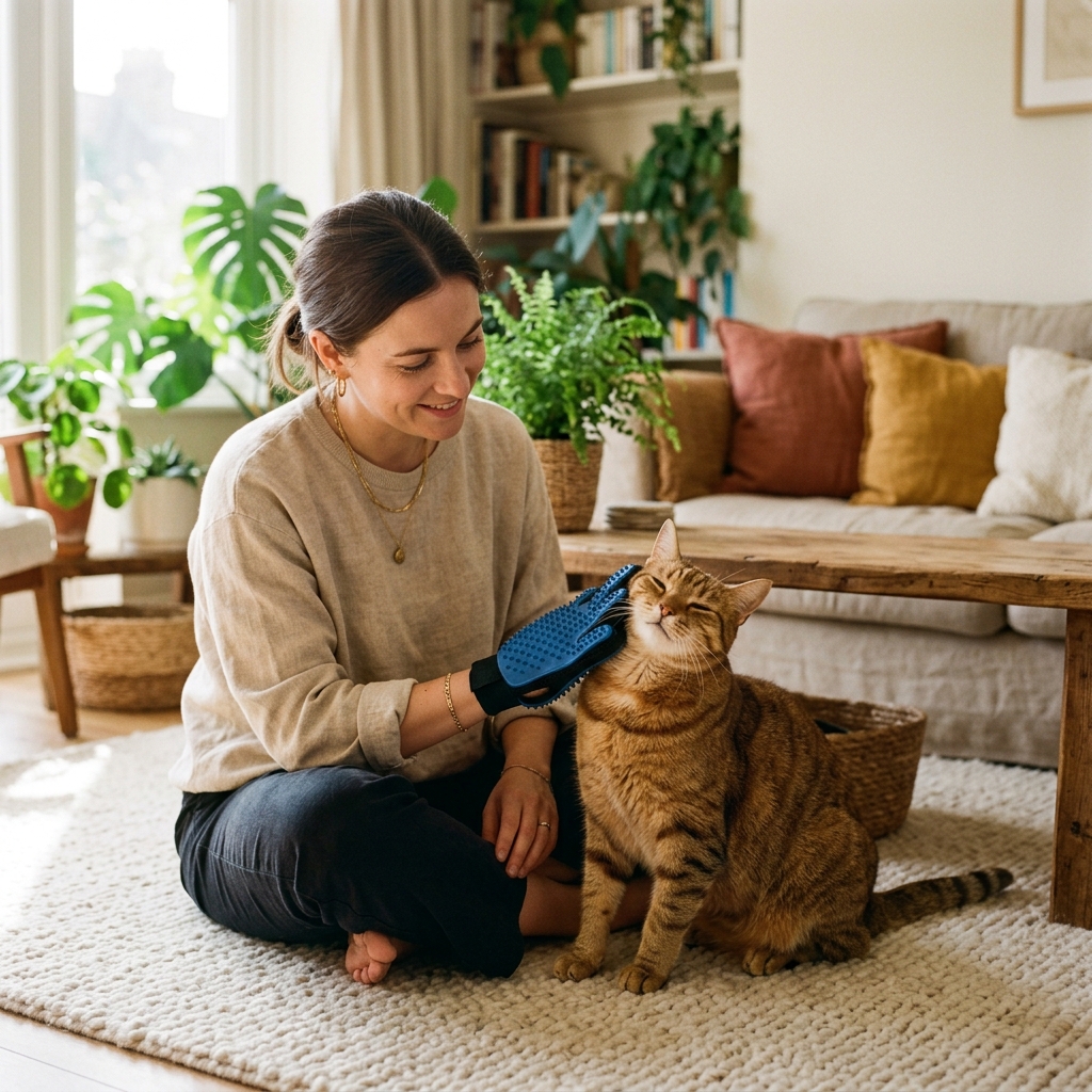 A person gently grooming a happy cat with a silicone glove in a cozy living room