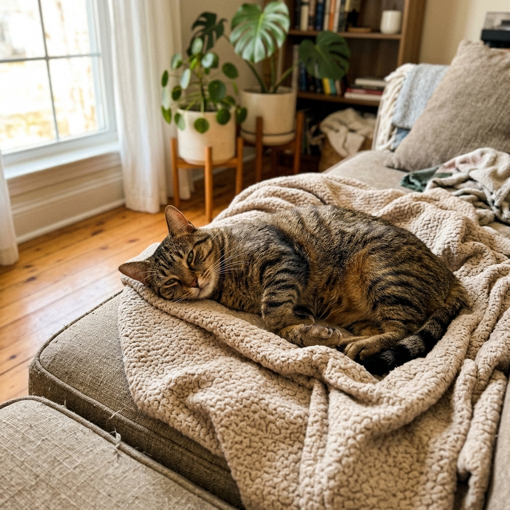 A tabby cat lounging on a beige blanket