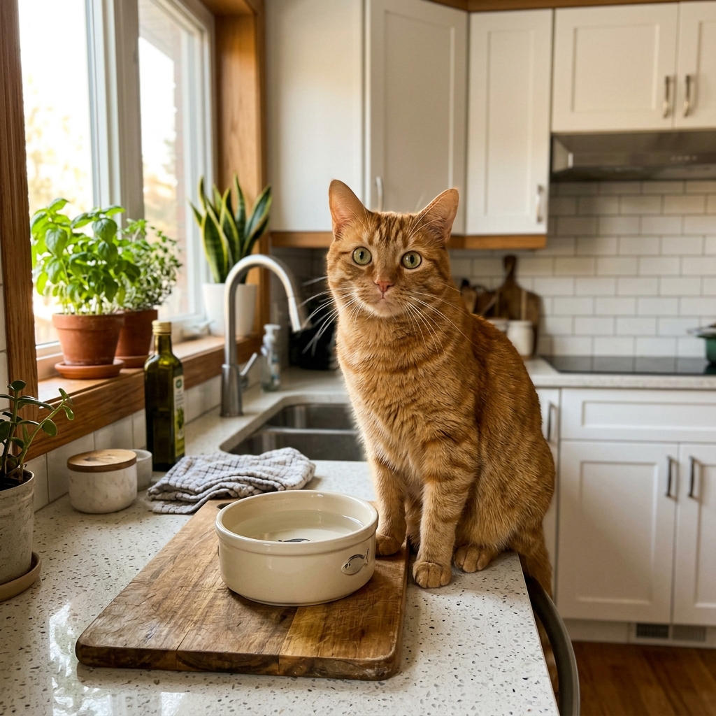 An orange cat on a kitchen counter