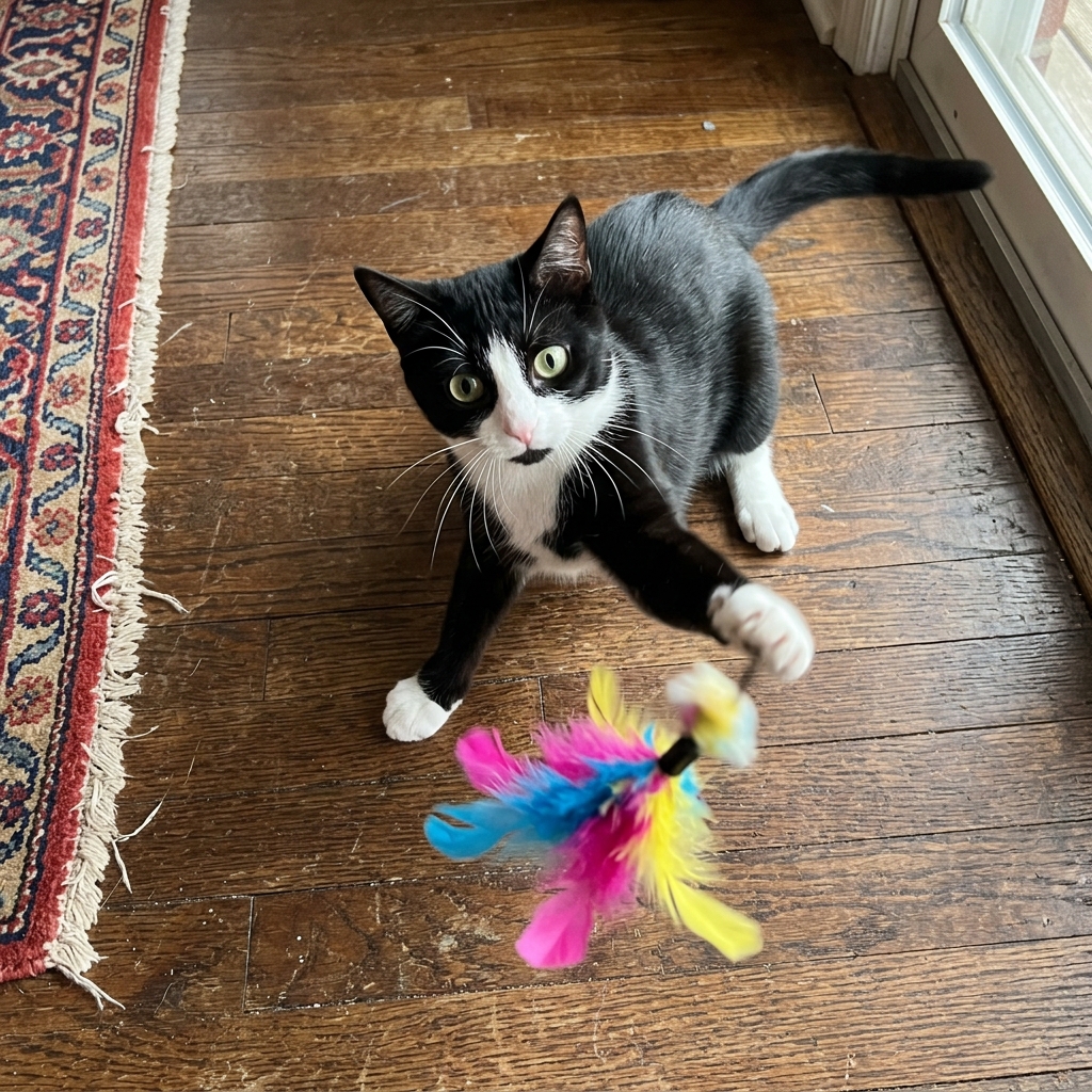 A tuxedo cat playing with a toy