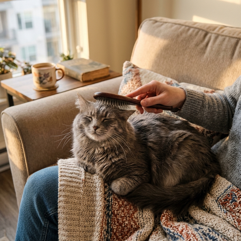 A gray cat being groomed