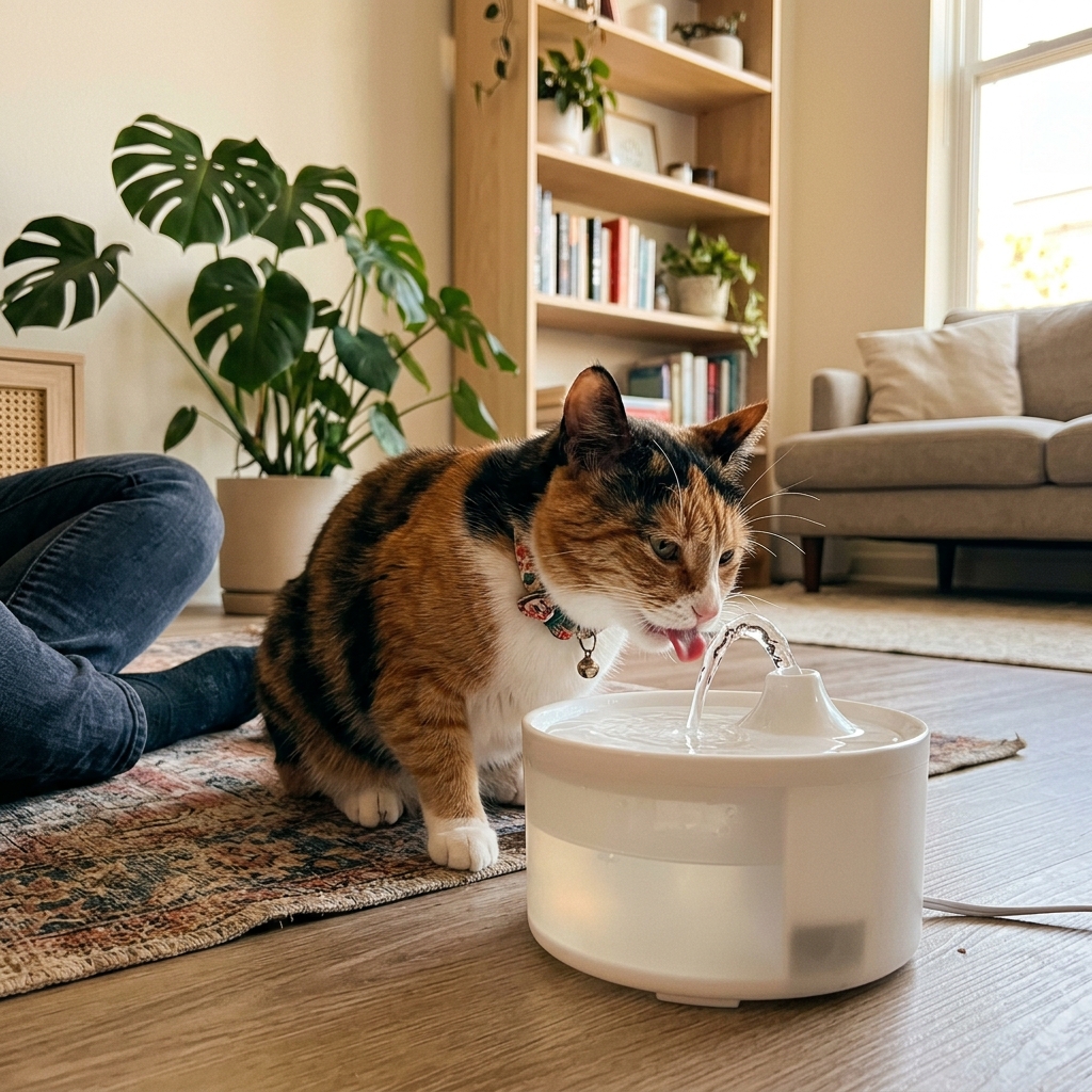 A calico cat drinking from a fountain