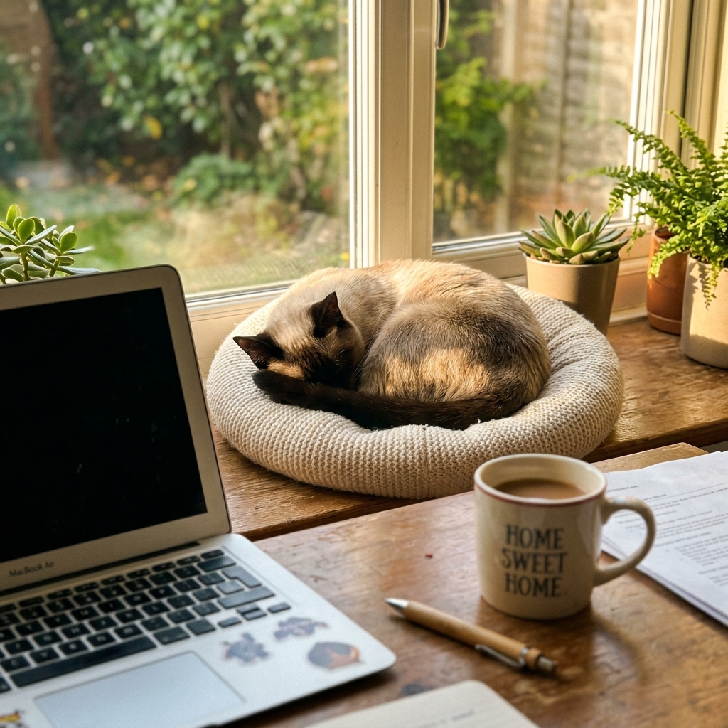 A siamese cat sleeping in a cat bed